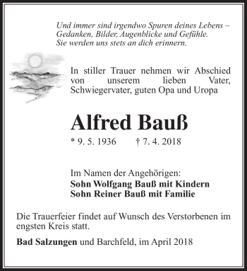 Traueranzeige von Alfred Bauß von Südthüringer Presse