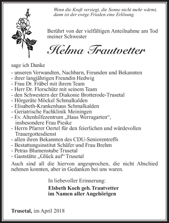 Traueranzeige von Helma Trautvetter von Südthüringer Presse