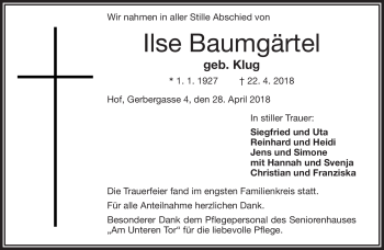 Traueranzeige von Ilse Baumgärtel von Frankenpost