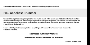 Traueranzeige von Anneliese Trummer von Frankenpost