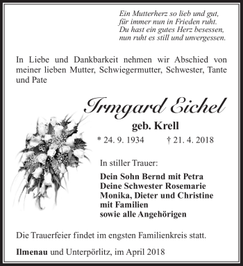 Traueranzeige von Irmgard Eichel von Südthüringer Presse