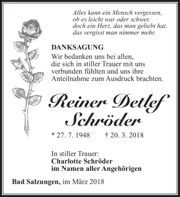Traueranzeige von Reiner Detlef Schröder von Südthüringer Presse