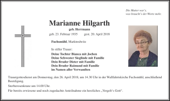 Traueranzeige von Marianne Hilgarth von Frankenpost