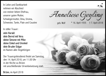 Traueranzeige von Anneliese Geyling von Südthüringer Presse