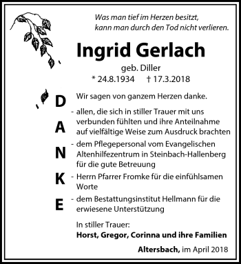 Traueranzeige von Ingrid Gerlach von Südthüringer Presse