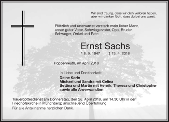Traueranzeige von Ernst Sachs von Frankenpost