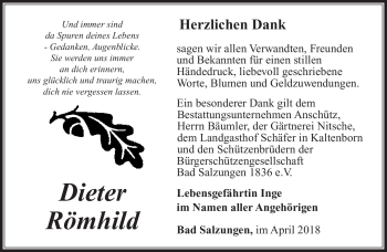 Traueranzeige von Dieter Römhild von Südthüringer Presse