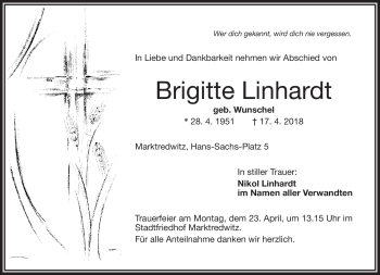 Traueranzeige von Brigitte Linhardt von Frankenpost
