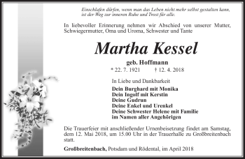 Traueranzeige von Martha Kessel von Südthüringer Presse