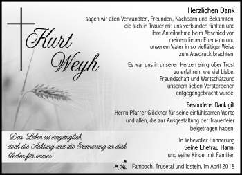 Traueranzeige von Kurt Weyh von Südthüringer Presse