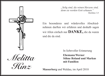 Traueranzeige von Melitta Hinz von Südthüringer Presse