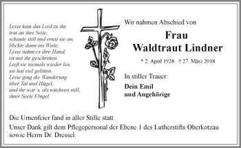 Traueranzeige von Waldtraut Lindner von Frankenpost