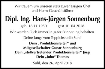 Traueranzeige von Hans-Jürgen Sonnenburg von Südthüringer Presse