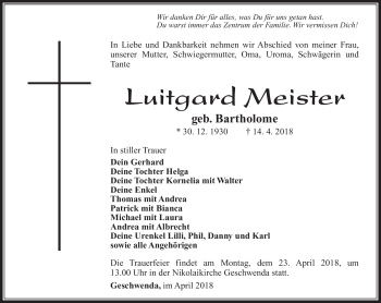 Traueranzeige von Luitgard Meister von Südthüringer Presse