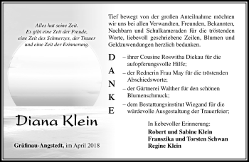 Traueranzeige von Diana Klein von Südthüringer Presse