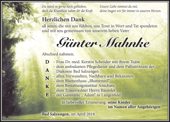 Traueranzeige von Günter Mahnke von Südthüringer Presse