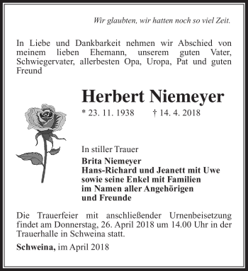 Traueranzeige von Herbert Niemeyer von Südthüringer Presse