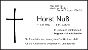 Traueranzeige von Horst Nuß von Frankenpost
