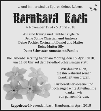 Traueranzeige von Bernhard Koch von Südthüringer Presse