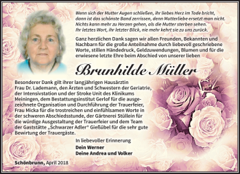 Traueranzeige von Brunhilde Müller von Südthüringer Presse