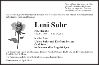 Traueranzeige von Leni Suhr von Südthüringer Presse