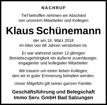 Traueranzeige von Klaus Schünemamm von Südthüringer Presse