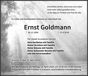 Traueranzeige von Ernst Goldmann von Neue Presse Coburg