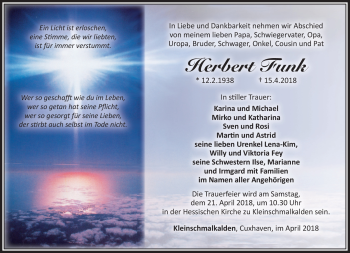 Traueranzeige von Herbert Funk von Südthüringer Presse