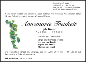Traueranzeige von Annemarie Treuheit von Südthüringer Presse