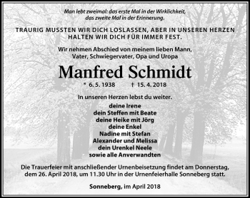 Traueranzeige von Manfred Schmidt von Südthüringer Presse