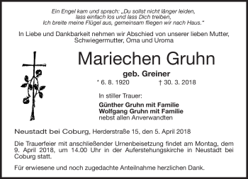 Traueranzeige von Mariechen Gruhn von Neue Presse Coburg