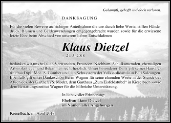Traueranzeige von Klaus Dietzel von Südthüringer Presse