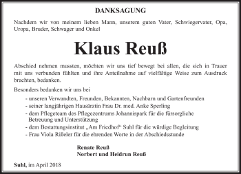 Traueranzeige von Klaus Reuß von Südthüringer Presse