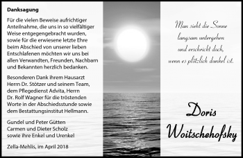 Traueranzeige von Doris Woitschehofsky von Südthüringer Presse