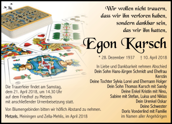 Traueranzeige von Egon Karsch von Südthüringer Presse