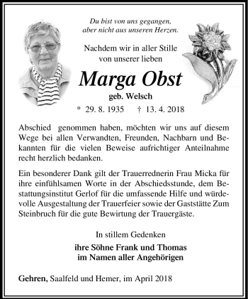 Traueranzeige von Marga Obst von Südthüringer Presse
