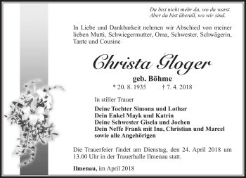 Traueranzeige von Christa Gloger von Südthüringer Presse