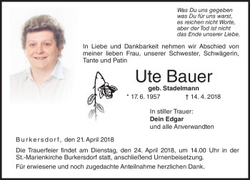 Traueranzeige von Ute Bauer von Neue Presse Coburg