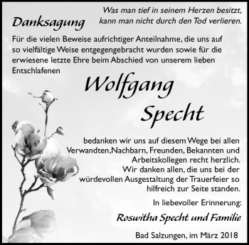 Traueranzeige von Wolfgang Specht von Südthüringer Presse