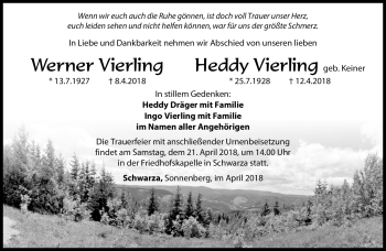 Traueranzeige von Werner und Heddy Vierling von Südthüringer Presse