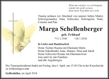 Traueranzeige von Marga Schellenberger von Südthüringer Presse