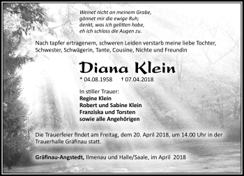 Traueranzeige von Diana Klein von Südthüringer Presse