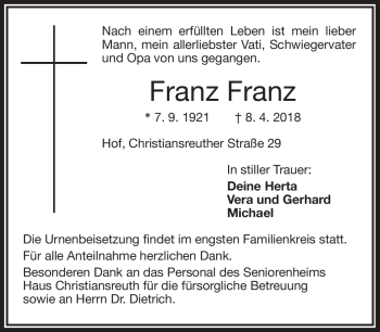 Traueranzeige von Franz Franz von Frankenpost