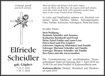 Traueranzeige von Elfriede Scheidler von Südthüringer Presse