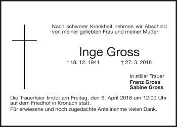 Traueranzeige von Inge Gross von Neue Presse Coburg
