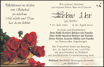 Traueranzeige von Helene Alex von Südthüringer Presse