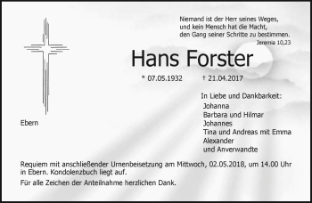Traueranzeige von Hans Forster von Neue Presse Coburg