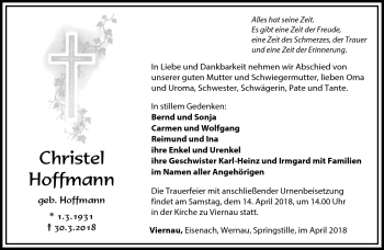 Traueranzeige von Christel Hoffmann von Südthüringer Presse