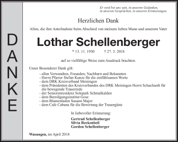 Traueranzeige von Lothar Schellenberger von Südthüringer Presse