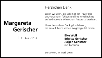 Traueranzeige von Margareta Gerischer von Neue Presse Coburg